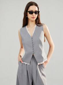 Aveloria Affinna 女装夏季新款蕾丝拼接V领单排扣无袖背心搭配阔腿西装裤修身办公室西装套装 - 灰色 - 查看 5