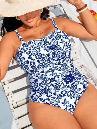 Swim Lushoire Plus Size Women One-Piece Swimsuit, Chinaware Print, Bandeau, Ruched Waist, Adjustable Straps, Vacation Beach Outfit For Summer