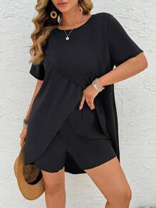 SHEIN Tall Plus Size Women Black Wrap Hem Top And Shorts Set, Casual - Black - View 1