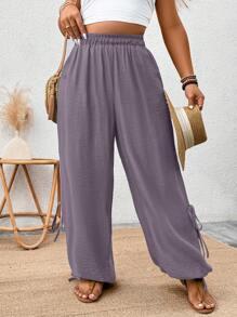 SHEIN LUNE Plus Size Front Slit Lace-Up Loose Tapered Pants, Solid Color, Fashionable For Summer - Purple - View 4