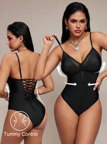 SHEIN Swim Costume da bagno intero con controllo addominale, realizzato in rete e pizzo, con lacci sulla schiena