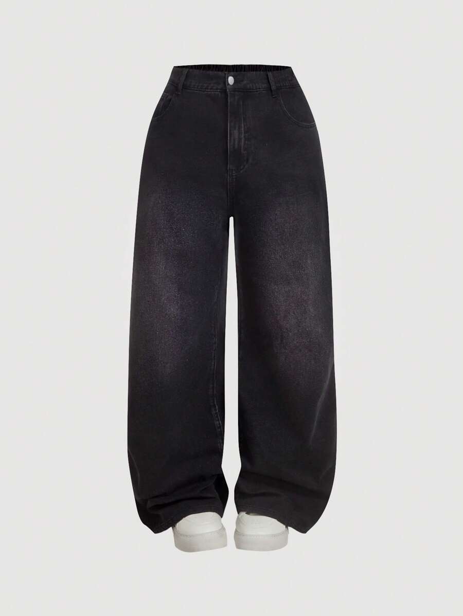 SHEIN MOD 大码纯色口袋喇叭休闲时尚牛仔裤 - 黑色 - 查看 1