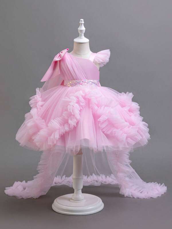 Glamorique Kids Rochie pentru fete de prințesă cu decor cu fundă Rochie de bal de bal din tul din plasă, îmbrăcăminte pentru ziua de naștere/petrecere/eveniment, rochii mici pentru copii mici