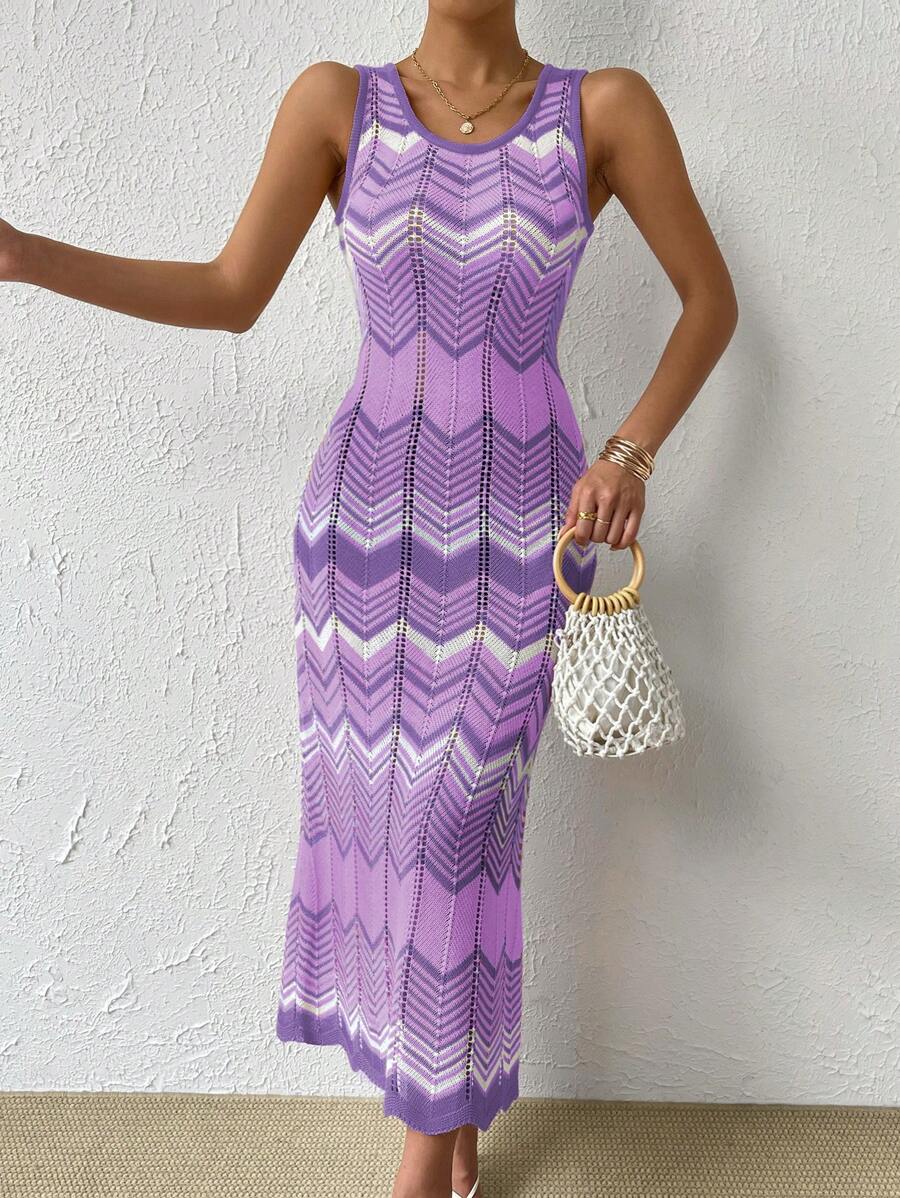 Breezaya Women Wave Striped Round Neck Sleeveless Fitted Knit Dress - Multicolor - View 1