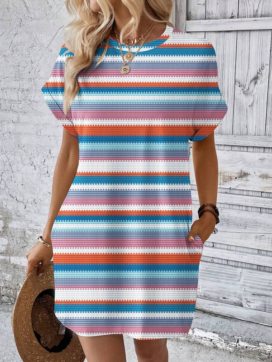 INAWLY 条纹蝙蝠袖休闲度假连衣裙 - 彩色 - 查看 1