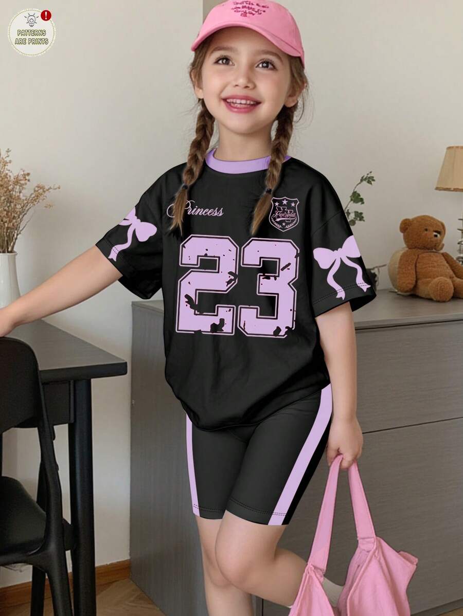 SHEIN 2件套年轻女孩夏季休闲数码印花短袖T恤和短裤套装年轻女孩服装套装两件套女孩衣服年轻女孩套装年轻女孩套装儿童运动服女孩套装衣服年轻女孩套装 - 彩色 - 查看 1