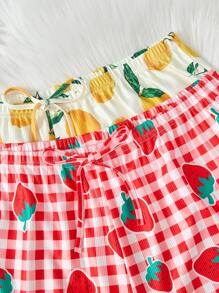 2pcs/Pack Lemon & Strawberry Plaid Print Plus Size Pajama Bottoms Sleep Shorts