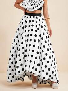 PHXTHREADS Chân váy xòe bồng bềnh dài chấm bi đen cạp cao bất đối xứng thanh lịch, dài chấm đất, gấu váy sau - Đen và trắng - Xem 6