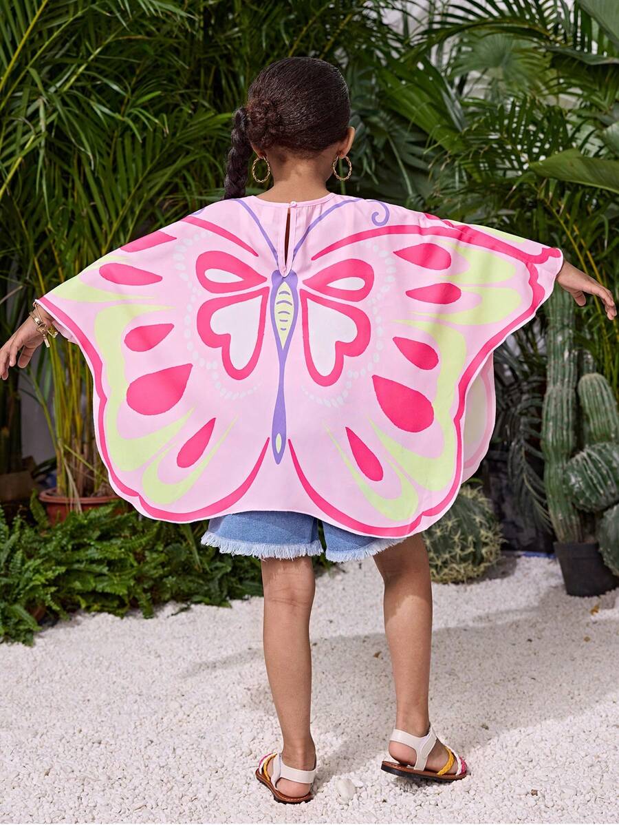 SHEIN 年轻女孩宽松编织蝴蝶印花休闲罩衫