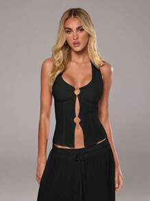 Aloruh Top de tirantes de verano para mujer, de unicolor, con diseño hueco y correa de conexión en el cuello