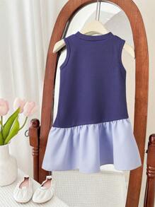 Souflis Souflis Vestido de verano azul marino para niñas bebé, lindo, de cumpleaños, cuello alto, sin mangas, patchwork asimétrico, elegante, dulce, de moda, cómodo, para uso diario - Multicolor - Ver 2