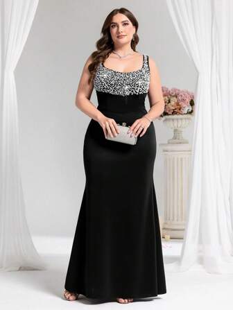 Coutiva Elegantes ärmelloses Kleid in Große Größen mit Rundkragen und Perlendetails für formelle Partys, Abendkleider für Frauen, Westerndresses für Frauen, Osterkleider, Ballkleider für Frauen, Festliche Abendgala-Kleider für Frauen Große Größen, für Cocktailpartys