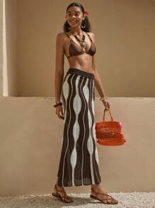 RueChic Falda de punto con estampado total y cubrecuerpo con ondas para la playa en verano