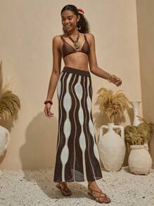RueChic Falda de punto con estampado total y cubrecuerpo con ondas para la playa en verano