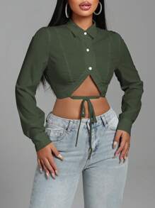 Zolique Women Plain Color Cropped Shirt With Tie Decoration - Army Green - View 6