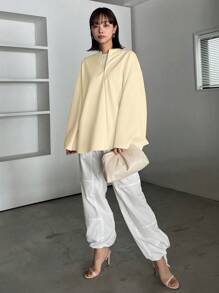 FRIFUL 女士休闲纯色落肩宽松半拉链喇叭袖 T 恤长袖女式上衣 - 杏色 - 查看 4