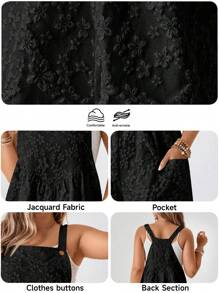 SHEIN LUNE Plus-Size Women'S Boho Summer Khaki Jacquard Fabric Sleeveless Suspenders With Side Pockets Designed For Everyday Casual Romper - Black - View 3