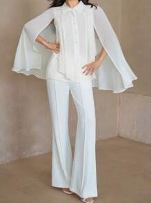 DAZY 2pcs Set Women Solid Color Single Breasted Cape Shirt & Long Pants,Ruffle - White - View 1
