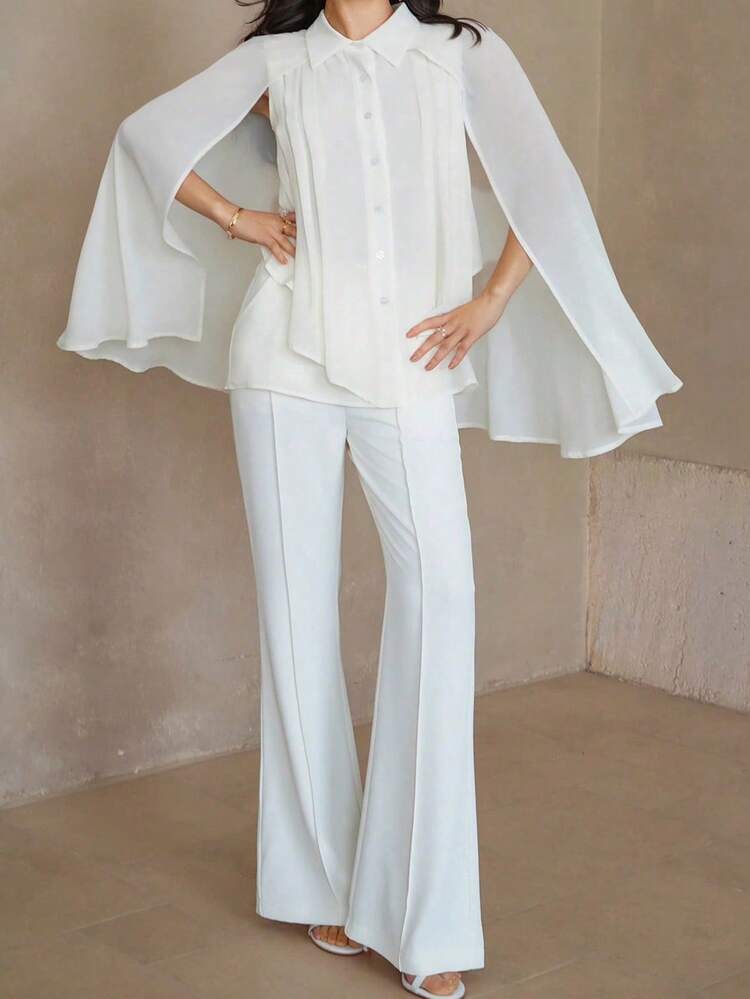 2pcs Set Women Solid Color Single Breasted Cape Shirt & Long Pants,Ruffle