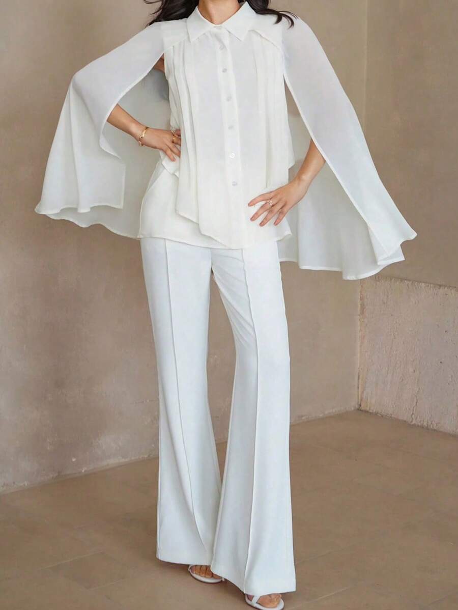 DAZY 2pcs Set Women Solid Color Single Breasted Cape Shirt & Long Pants,Ruffle - White - View 1