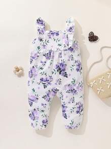 SHEIN Baby Girls & Babies' Floral Print Square Neck Ruffled Sleeveless Jumpsuit, Suitable For Spring/Summer Outings, Vacation, Daily Wear - Purple - View 2