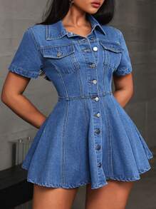 SHEIN SXY Plus Size Women's Short Sleeve Single-Breasted Casual Denim Dress - Blue - View 4