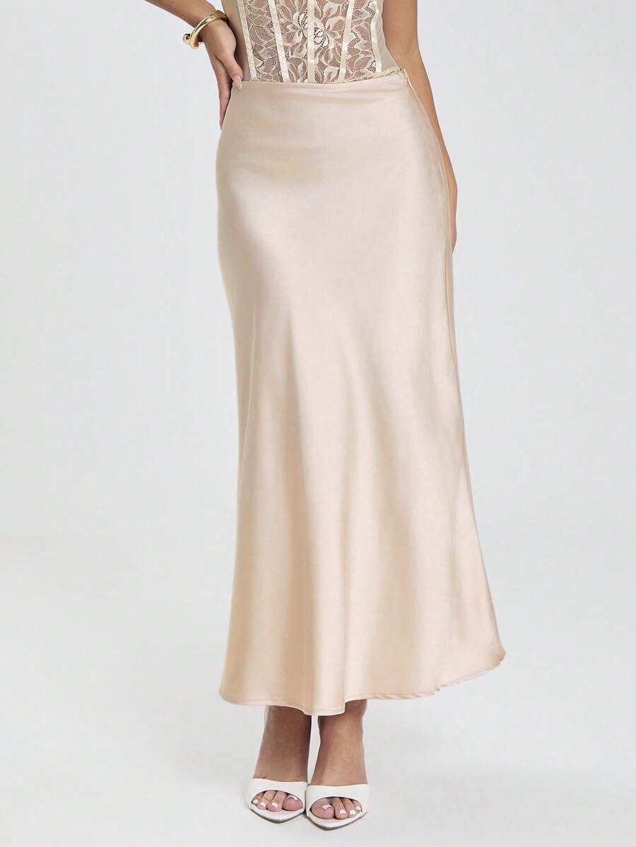 Glamine 女士纯色休闲裙，简约风格，适合日常穿着，长款缎面裙，斜纹优雅缎面裙