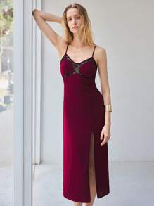 Maija Purple-Red And Black Lace Patchwork Design Sling Open Slit Sexy Mid-Length Dress For Women, Elegant Quality, Versatile For Spring/Summer, Festivals And Parties