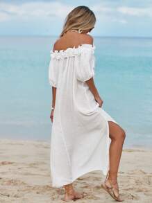 Swim Vcay Women's Summer Beach Dress With Ruffle Off-Shoulder Midi Length, Sexy Beach Cover Up, Lantern Sleeve, Slit Flowing Dress For Wedding Guest - White - View 2