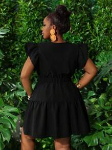 Slaydiva Nuevo vestido mini verde de talla grande con cuello redondo y en V, mangas de linterna con volantes, cintura elástica con moño, falda con volantes y vuelo para primavera/verano, casual, de vacaciones - M