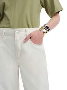 SHEIN LUNE Women's Casual Solid Color Slant Pocket Denim Flare Pants - Khaki - View 5
