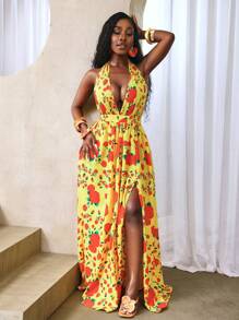 BamGleam Robe longue de soleil sexy avec encolure en V profonde, imprimé floral et fente sur le côté pour femmes - Multicolore - Voir 5