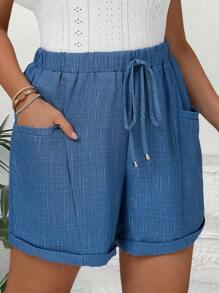 EMERY ROSE Plus Size Women Blue Casual Shorts With Pockets, Gifts For Mother,Summer Holiday,Vacation Outfits Women,Simple And Fashionable For Everyday Wear,Vacay Vibes,Springbreak,Casual Wear SS,Bohemia