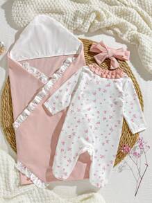 SHEIN Vintaside Kids 3 قطع مجموعة ملابس أنيقة لطفل حديث الولادة بنين / بنات، من قماش الحرير الأبيض الناعم والمريح: بدلة طويلة الأكمام مطبوعة بزهور + بطانية ملفوفة بتأبيرات + ربطة رأس بفيونكة - أبيض - مشاهدة 2