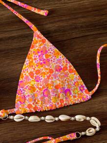 Swim Vcay Women's Summer Beach Ditsy Floral Sexy Halter Bikini Top