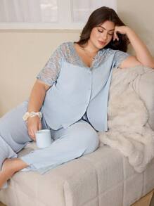 SHEIN Plus Size Women Lace Patchwork Sheer Shoulder Open Front Short Sleeve Top & Long Pants Pajamas Set, Outfits - Baby Blue - View 5