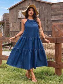 SHEIN LUNE Plus Size Sleeveless Denim Dress With Ruffle Hem - Blue - View 5