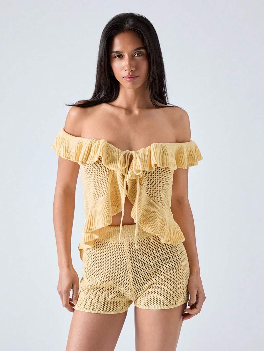 LYSMO 2 Pieces Knitted Off Shoulder Solid Top And Shorts Set, Fashionable For Summer - Yellow - View 1