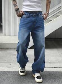 Manfinity EMRG Men's Loose Fit Wide Leg Casual With Pockets  Blue Jeans