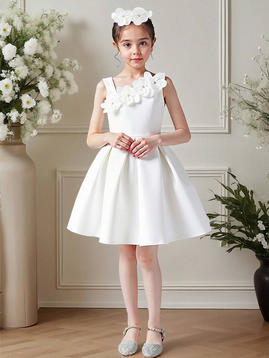 SHEIN Young Girl Satin Asymmetrical Shoulder White Dress With 3D Flower Decor, Hairband Included, Elegant For Party, Wedding Events, Summer