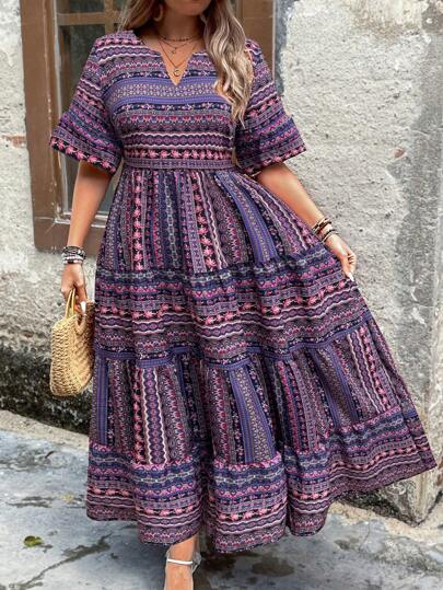 Breezaya Plus Size Women's Summer Vacation Style Floral Print Ruffle Hem Short Sleeve Flare Dress Maxi Women Outfit