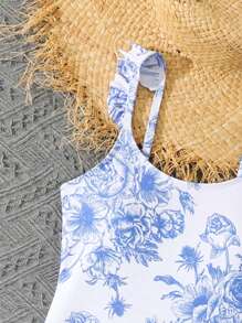 Tween Girls Retro Cute Flower Print Swimsuit Two Pieces Set,Ruffle One-Piece Swimsuit With Beach Skirt - Blue and White - View 6