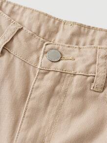 SHEIN Girlism Teen Girls' Casual Plain Slant Pocket Denim Jeans Fall Winter - Khaki - View 3