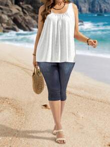 EMERY ROSE Plus Size Casual Eyelet Embroidery Tank Top, Sleeveless Minimalist Style, Suitable For Holiday Spring Vacation - White - View 6