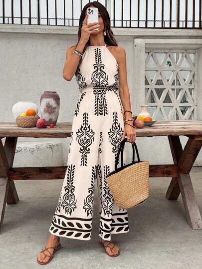 SHEIN Frenchy Women's Vacation Boho Botanical Print Wide Leg Casual Neck Halter Jumpsuit Everyday Vacation Wear Summer Outfits For Women Vacation Outfits Women Rompers For Women Chic Holiday Resort