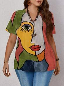 EMERY ROSE Plus Size Women Abstract Face Print Casual Loose Short Sleeve T-Shirt, Suitable For Summer