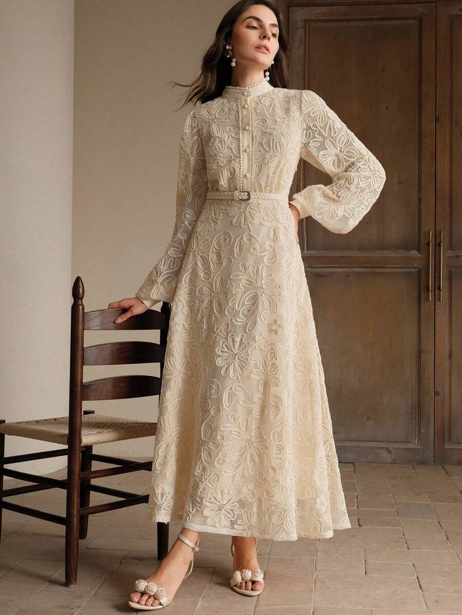 Anewsta 女士优雅长袖 A 字裙，飘逸春夏度假连衣裙，适合复活节、海滩、节日 - 杏色 - 查看 1