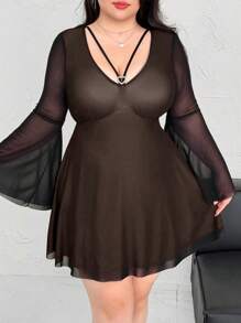 Flirla Plus Size Sexy Contrast Color V-Neck Heart Shape Bell Sleeve A-Line Short Dress Fall Cloth For Women - Camel - View 3