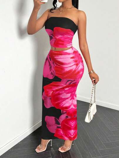 Zolique Set de 2 piezas: Top tubo y falda larga ajustada con estampado floral para vacaciones