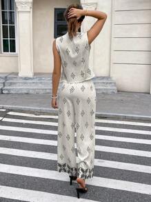 SHEIN Frenchy Conjunto informal de 2 piezas de estampado integral compuesto por top sin mangas y pantalones para vacaciones y estilo bohemio, atuendo de verano y para la playa para mujer